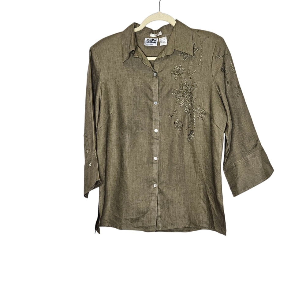Edward Irish Linen Embroidered Button Down 3/4 Sleeve Blouse Top Size‎ L